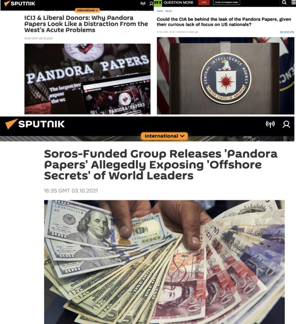 Russian state broadcaster RT and Sputnik articles dismissing the Pandora Papers
