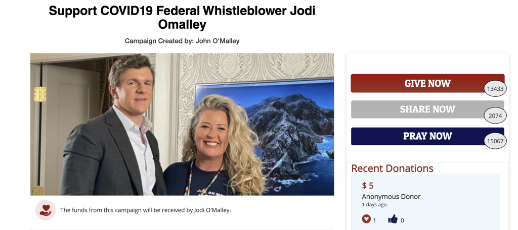 Screenshot of Project Veritas "insider" Jodi O'Malley's GiveSendGo page
