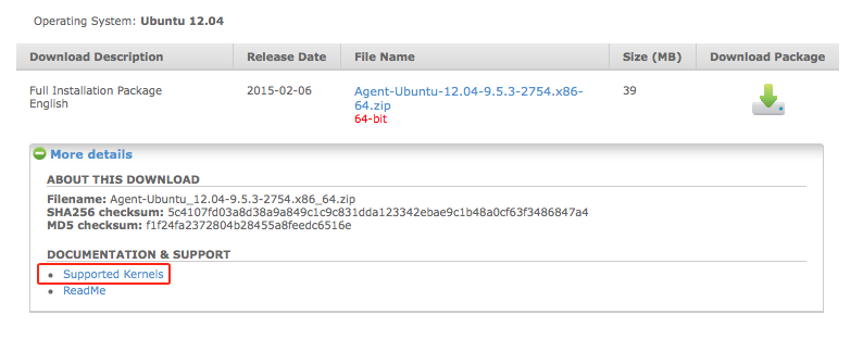 Screenshot of the Deep Security Agent Downloads page showing the More Details panel and the Supported Kernels link