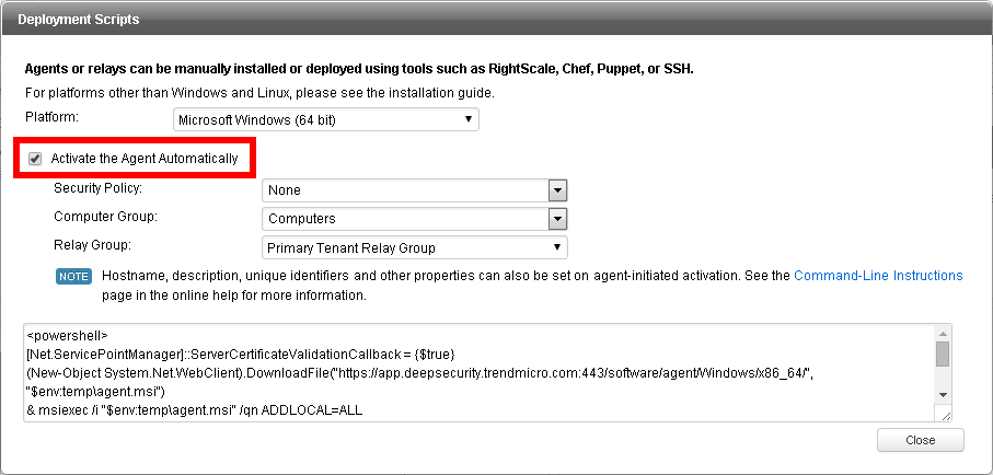 Highlighted Activate the Agent Automatically Option in Deployment Script window