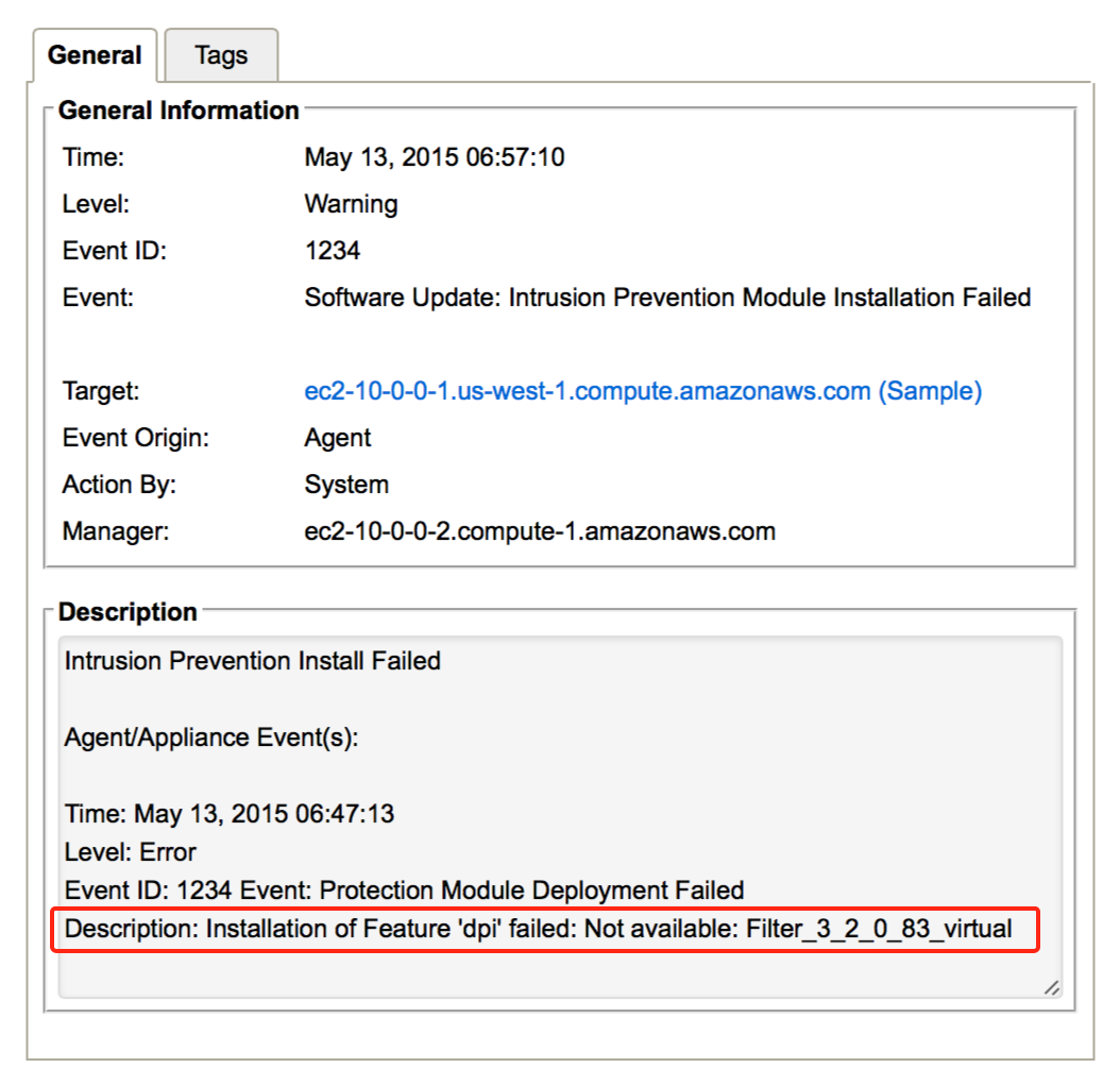 Screenshot of the error details page showing that feature installation failed due to a filter not being available