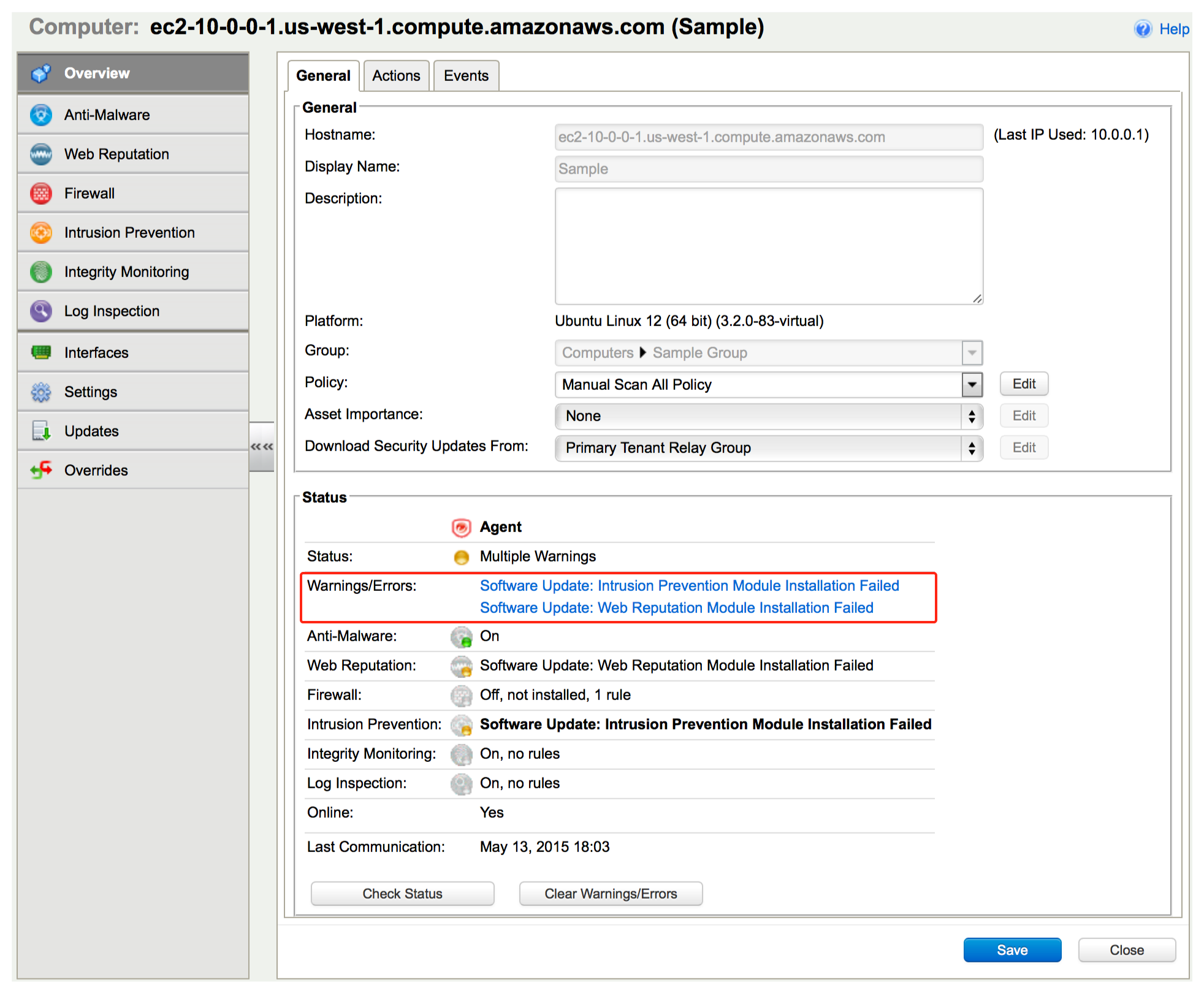 Screenshot of the Computer Details page showing module installation failure errors