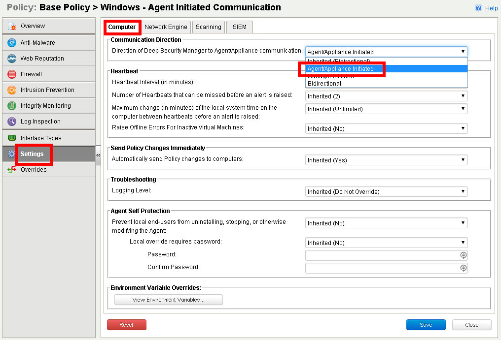 Agent/Appliance Initiated Option in Policies Configuration