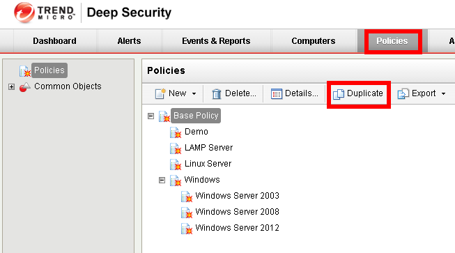 Policies Main Tab with Duplicate button highlighted