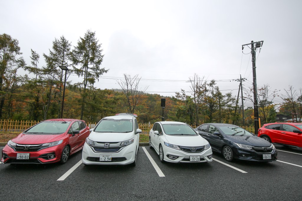 Test drive of Honda cars with the Sport Hybrid i-DCD powertrain; From left - the Honda Fit (Jazz equivalent here), Freed, Jade and Grace (City equivalent here).