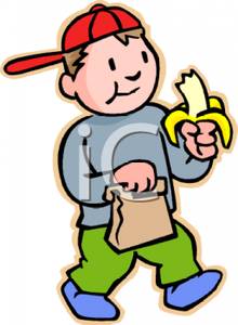 Boy eating a banana holding lunch bag royalty free clipart picture 090530 024611 881053 original