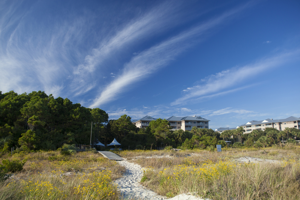 view of hilton head island with beach path, and hotels in background