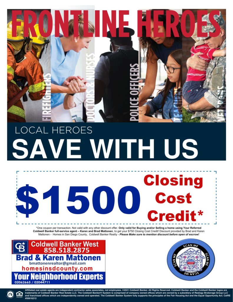 A promotional image showcasing the 'Homes for Heroes' program by Homes in San Diego County. Local heroes can enjoy a $1500 discount on closing costs