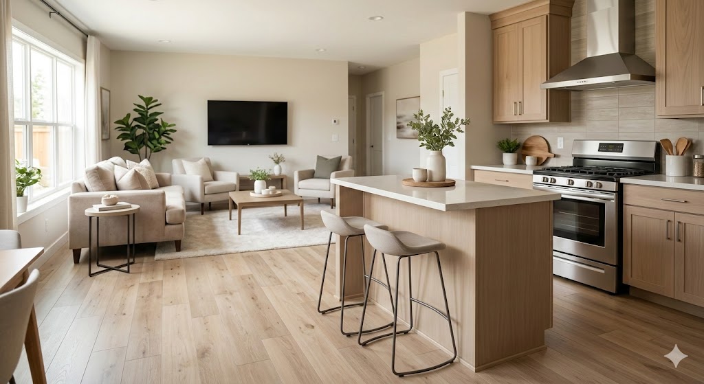 Open-concept modern manufactured home interior featuring a neutral-toned kitchen island and bright living room area with hardwood floors.