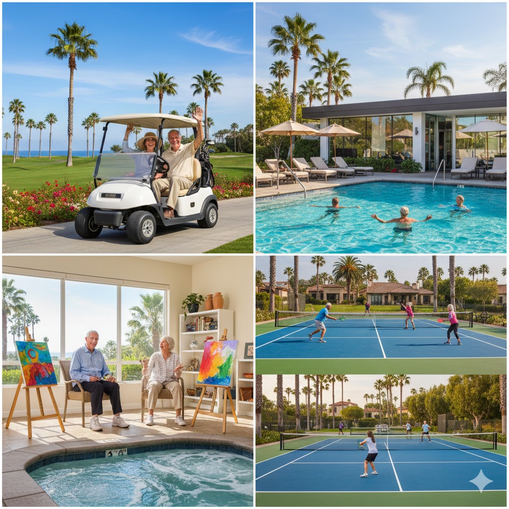 Active seniors enjoying a sunny day at a premier 55+ senior San Diego golf community near the coast