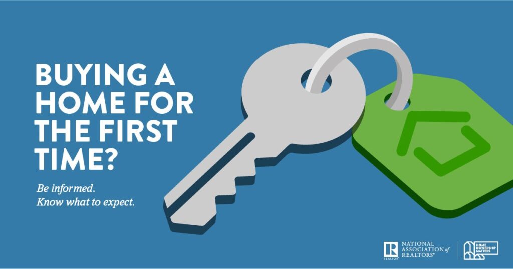 Image of a key and keychain with the words 'Buying a Home for the First Time, Be Informed, Know What to Expect.' This image represents the need to be well-informed and prepared when entering the world of first-time homeownership