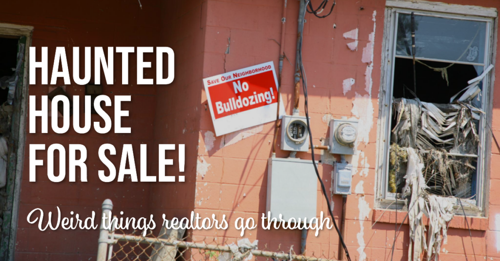 An old abandoned haunted house at night with a For Sale sign in the overgrown yard. Real estate agents encounter bizarre situations like convincing buyers a house isn't really haunted.