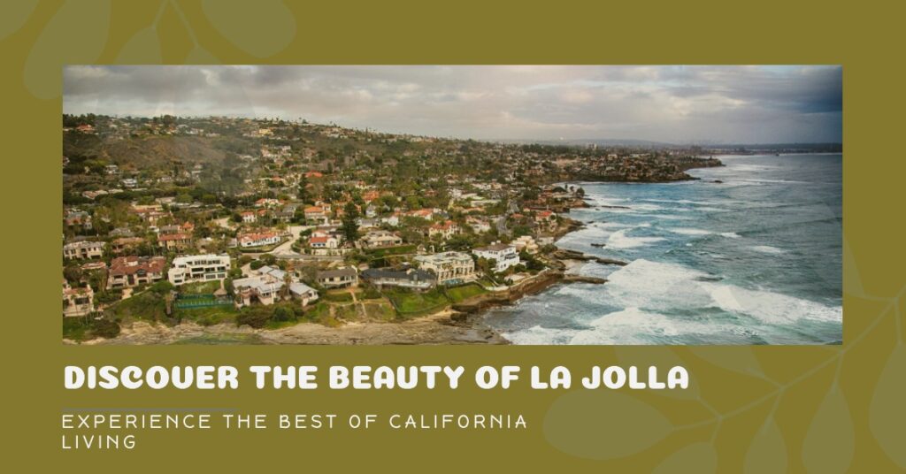 Panoramic image of the La Jolla coastline featuring luxurious homes perched atop cliffs overlooking the Pacific Ocean. Palm trees sway in the breeze as the sun shines brightly, reflecting off the turquoise waters. This captivating scene captures the essence of the La Jolla dream, a place where luxury meets coastal serenity.
