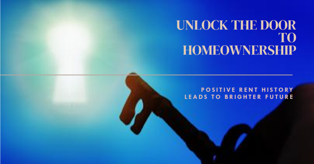 Close-up photo of a house key on a keychain hanging on a bright blue door. Sunlight shines on the key, symbolizing the potential of positive rent history for homeownership