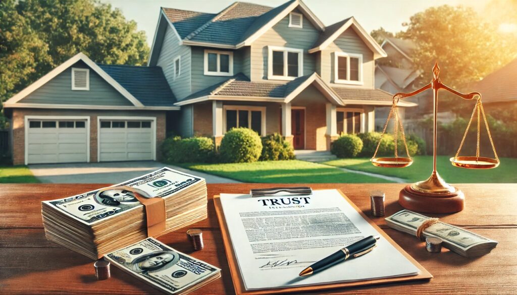 Suburban home with well-maintained lawn, highlighting homeowner's insurance and trust coverage concerns