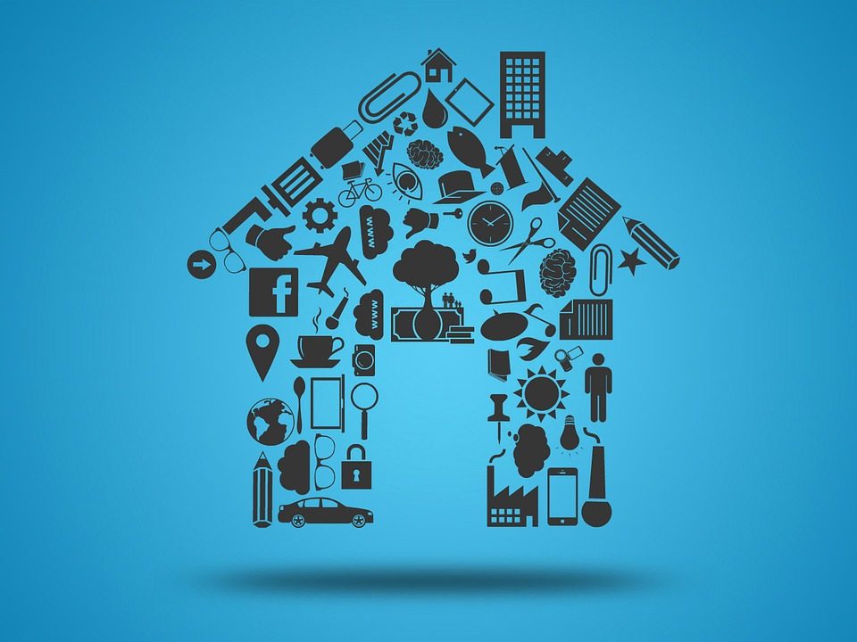 Collage of mini-pictures forming a house with airplane, social media icons, and trees, representing selling for new beginnings and adventures