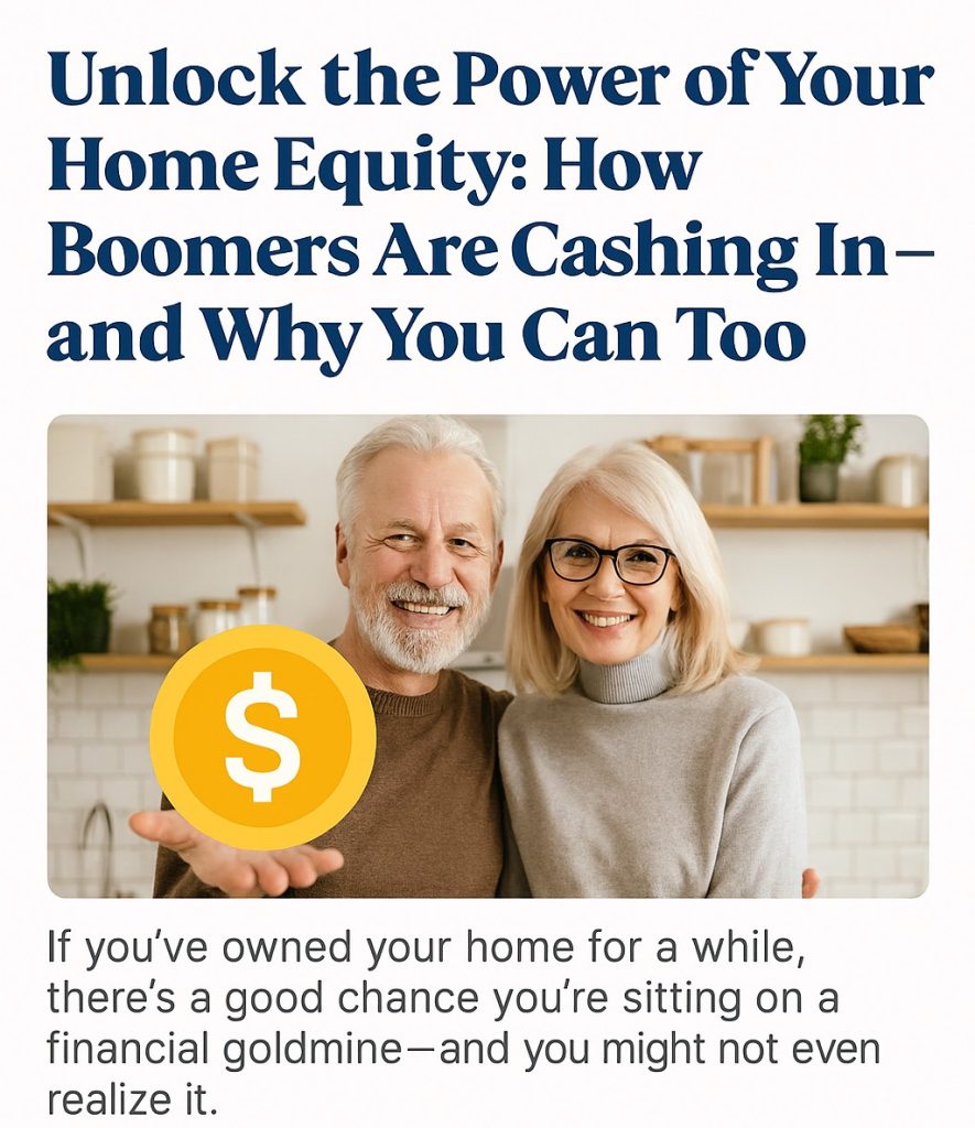 Smiling senior couple in kitchen holding gold coin, symbolizing home equity for mortgage-free home buying