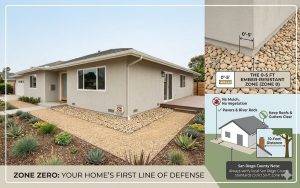 Infographic of Zone Zero 5-foot ember-resistant defensible space requirements for California homeowners including river rock and non-combustible landscaping.