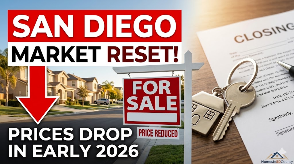 San Diego housing market update 2026 showing decreasing home prices, increased inventory 'For Sale' signs, and closing opportunities.