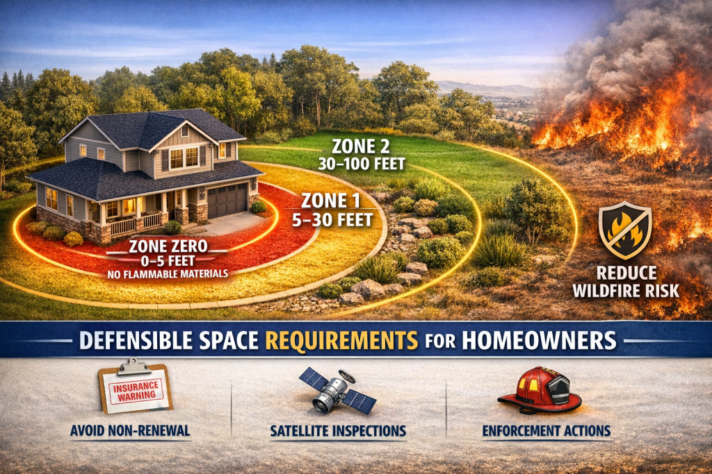 Wildfire defensible‑space diagram showing Zone Zero and extended clearance zones for San Diego County homeowners.