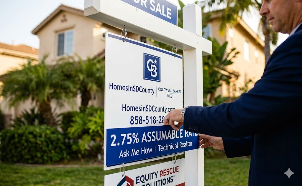 Technical Realtor Brad Mattonen attaching a 2.75% assumable rate sign rider to a HomesInSDCounty listing.