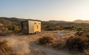 Tiny home on wheels placed on undeveloped dry brush raw land in rural California high fire zone