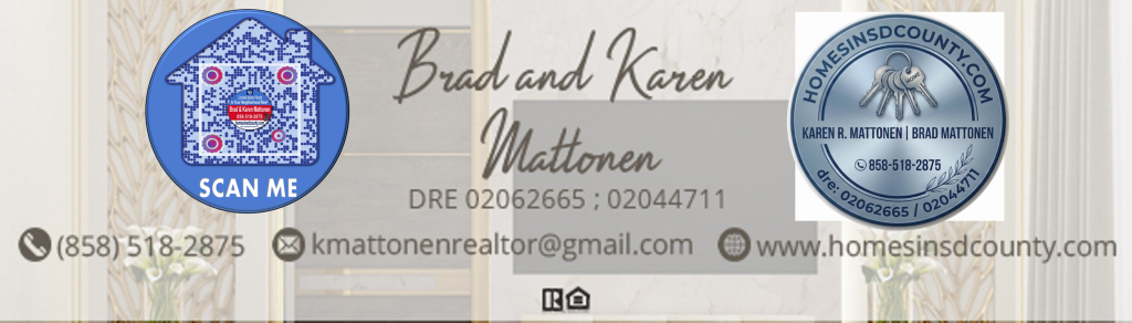 Brad and Karen Mattonen San Diego Realtors contact banner with phone number, email, website link, QR code, and DRE license numbers