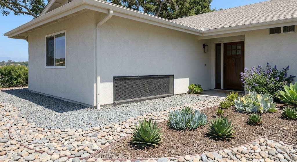 San Diego home exterior with gravel perimeter and ember-resistant mesh vents, illustrating Zone Zero wildfire safety compliance.