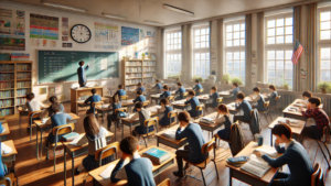 A classroom in Steeplechase community showing students attentively participating in their first lesson of the day.