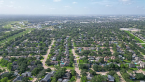 Residential community of Steeplechase in Houston Texas with numerous homes and ample greenery surroundings