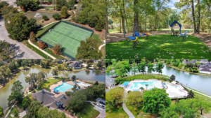 Tennis courts, playground, lake, and swimming pool in Summerwood in Houston Texas