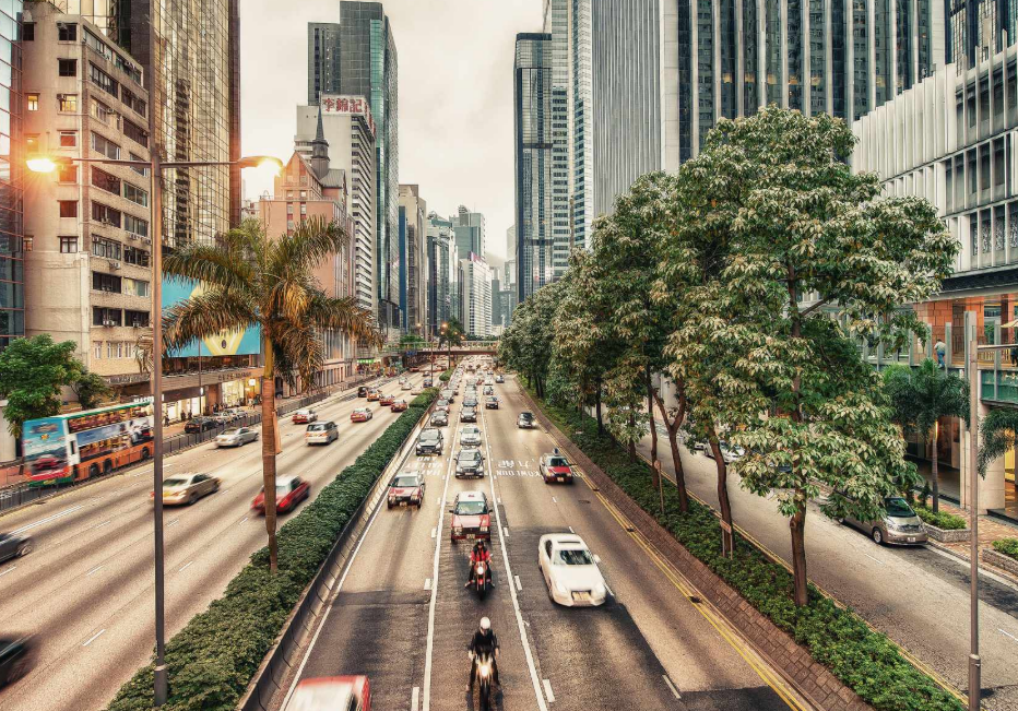 A urban scene showcasing a dynamic city environment, complete with high-rises and lively traffic