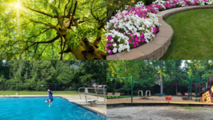 A tree, garden, swimming pool and playground in Hunters Ridge Village in Kingwood, Texas