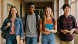 High school students walking down a school hallway.