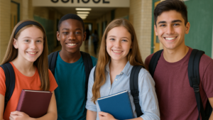 High school students standing in a school hallway