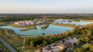 Water feature surrounded by green space in Wagon Wheel