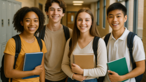 Group of students in a school hallway