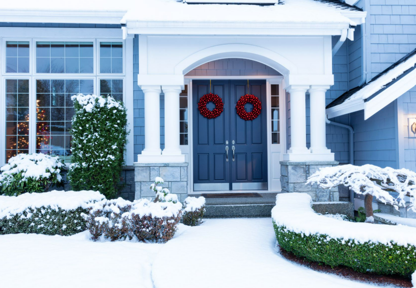 winter home exterior during the holidays.