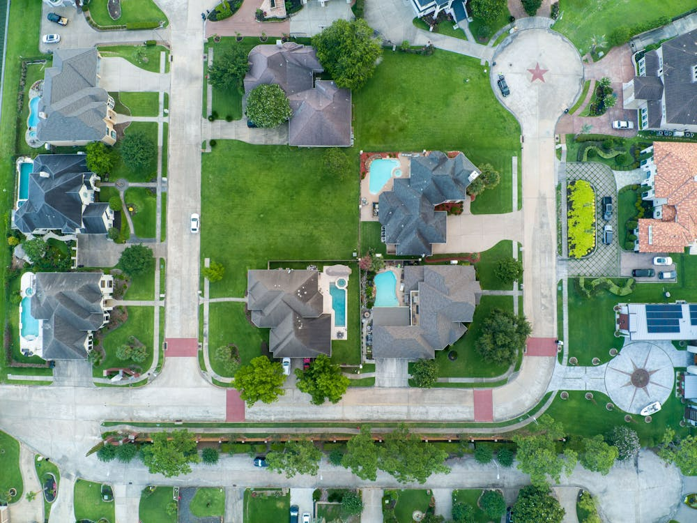 Aerial view of a suburban neighborhood