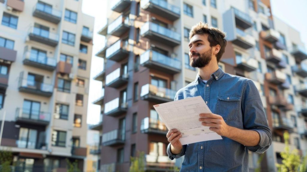 A man stands outdoors in front of a modern apartment building with multiple balconies.