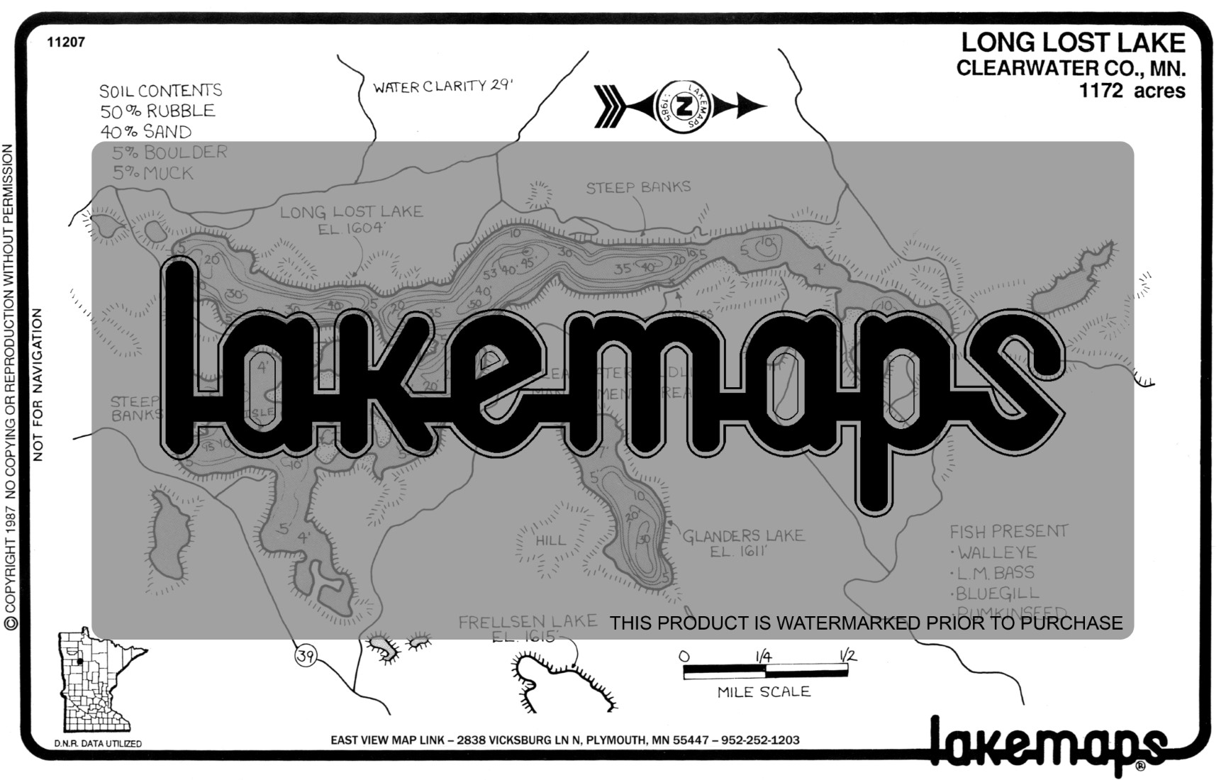 Clearwater County, MN LONG LOST Lakemap 11207