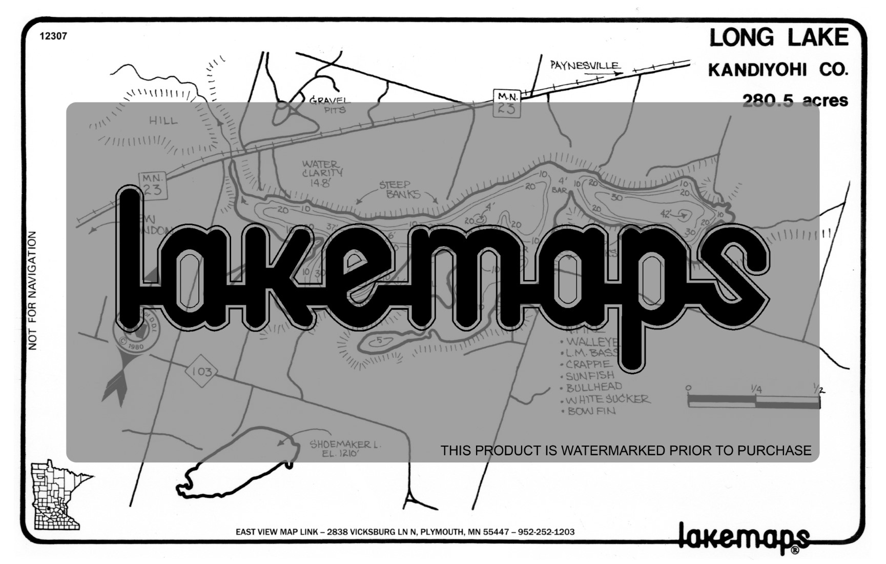 Kandiyohi County, MN LONG (near PAYNESVILLE) Lakemap 12307