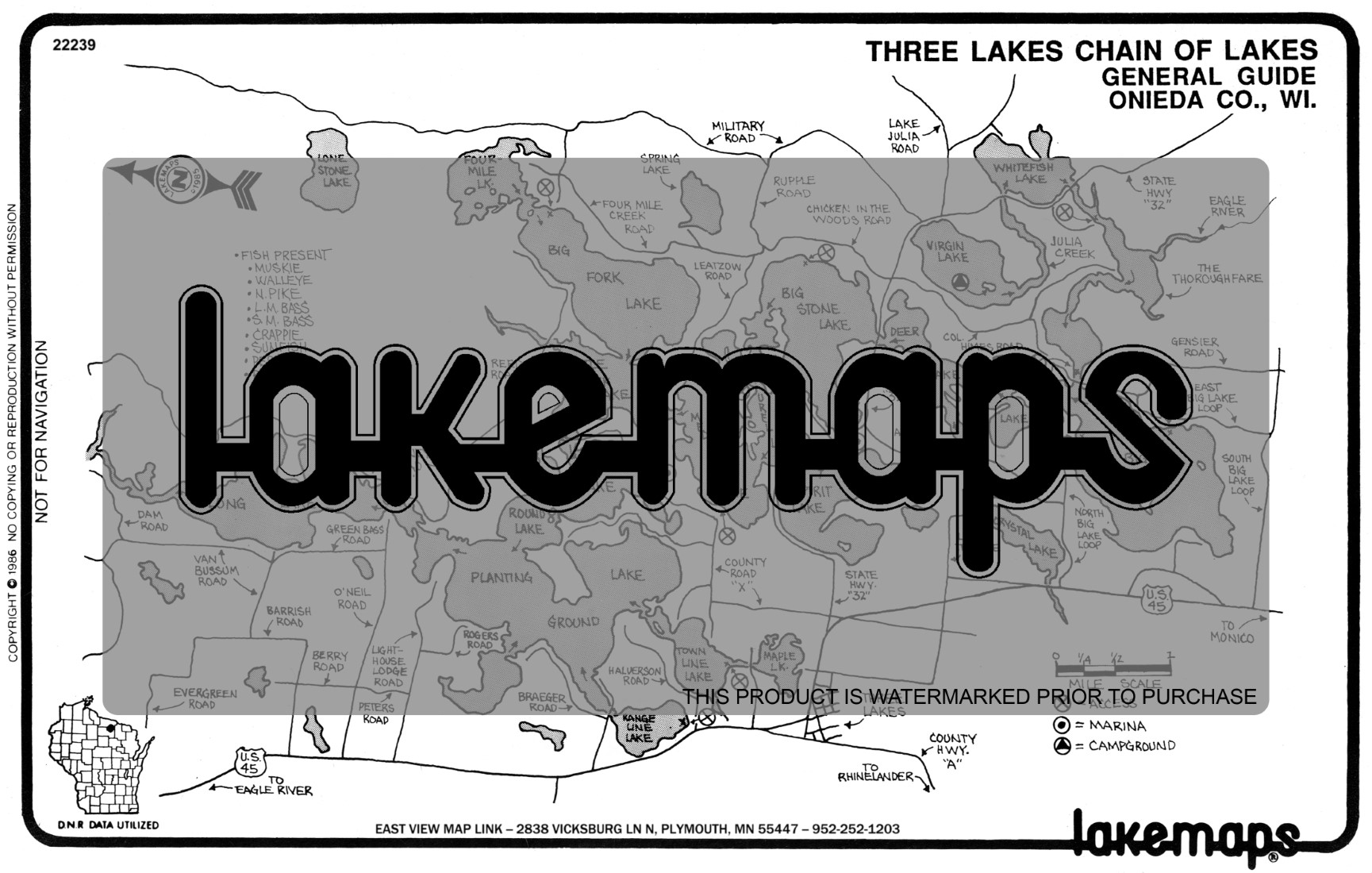 Oneida County, WI THREE LAKES CHAIN(Gen.Guide) Lakemap 22239