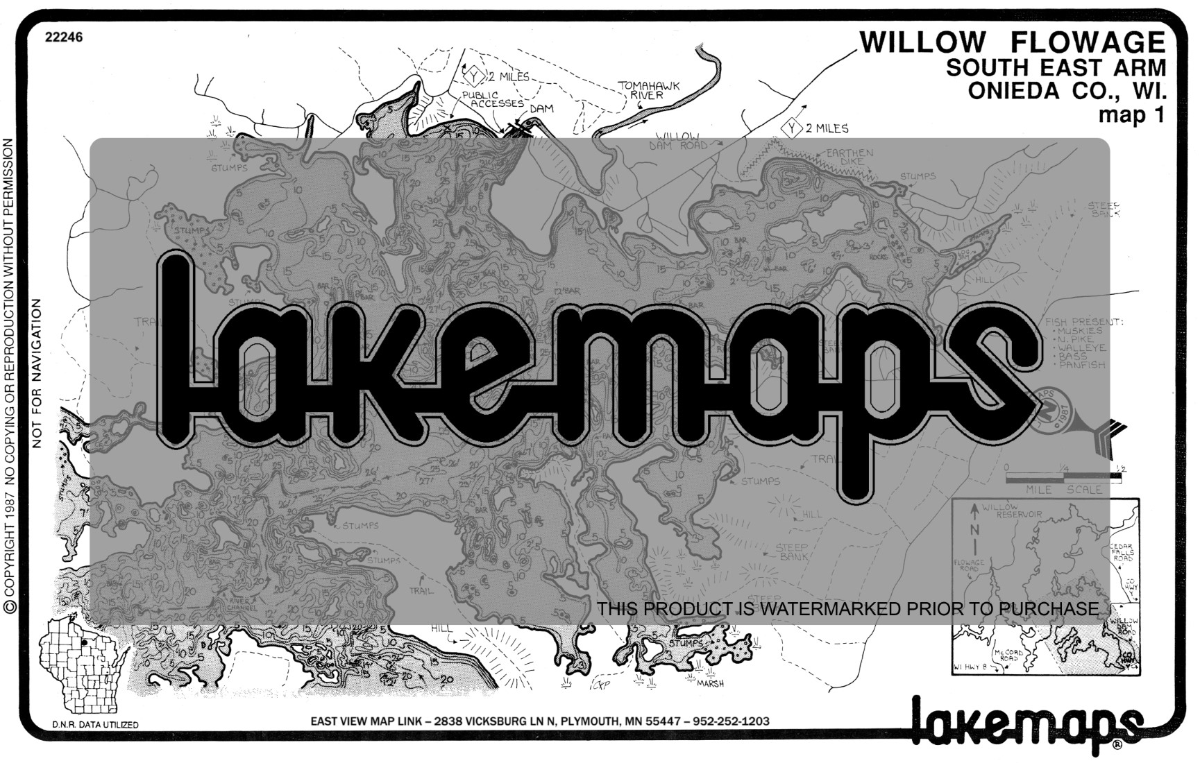 Oneida County, WI Willow Flowage MAP PACK Lakemap 22244