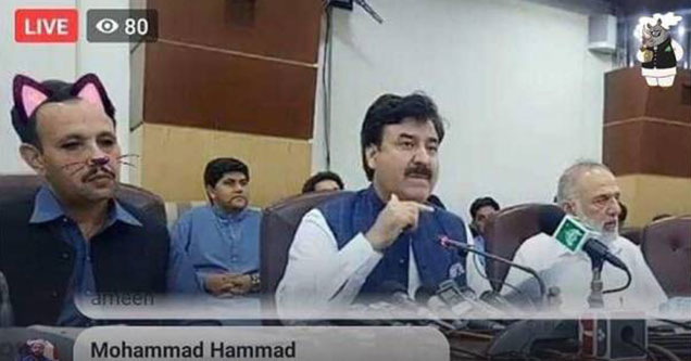 Pakistani regional Minister wearing a cat face filter by mistake