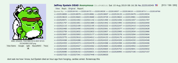 4Chan screenshot announcing epstein's death.