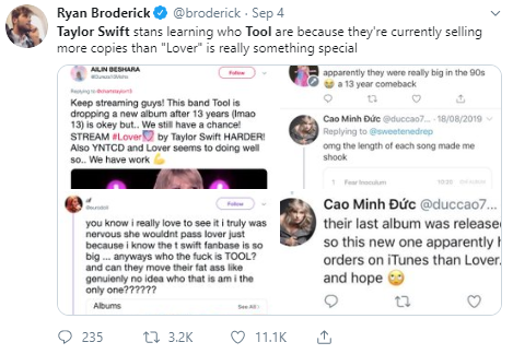 Tool fan @broderick enjoying and sharing various posts of Swifties being mad about Tool