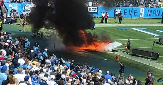 A fire broke out today during the pre-game routines of the Titans and Colts game. In what should have been a great home opener for the Titans quickly became a wild scene as an on field speaker burst into flames.