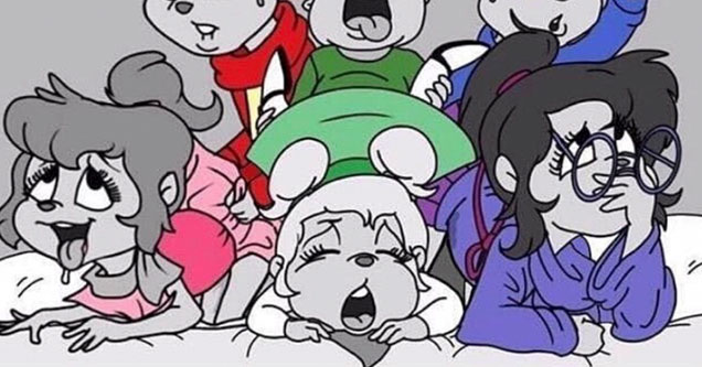 Who's Getting The Best Dick - an image of the three Chipettes having sex with the three chipmunks