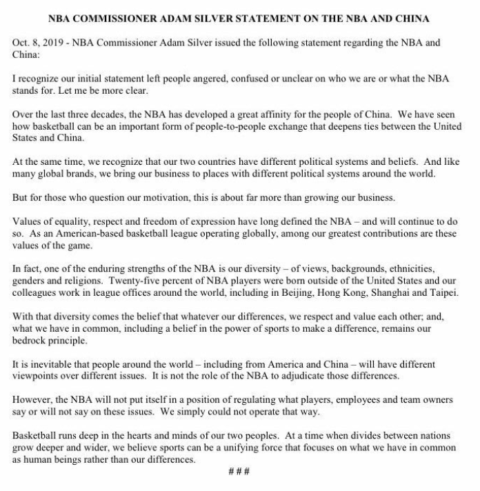Statement on China by NBA commissioner Adam Silver
